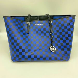Rare Michael Kors Black/Blue Large Saffiano Leather Jet Set Checkered Tote